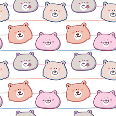 Seamless Pattern with Cartoon Bear Face on White Background with Pastel Lines