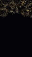 Golden firework illustration, black background. Backdrop to use for overlay, montage, collage, social media or card. Happy new year concept.