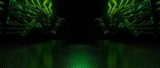 Futuristic Modern Alien Fashion Dance Club Showroom Hallway Tunnel Corridor Concrete Cyber Virtual Empty Shape Black Background Basement 3D Rendering © lumerb