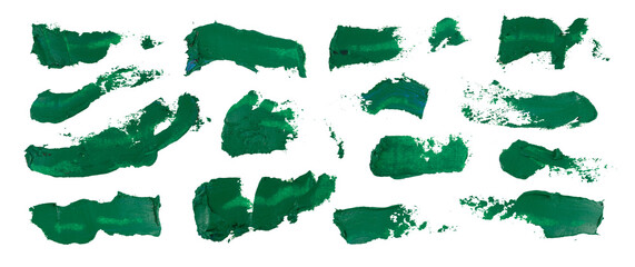 Collection green oil paint brush strokes detail elements of art textured stripes isolated on white background