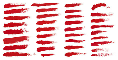 Collection of detailed red strokes of paint, traces of acrylic or gouache made by hand, elements of creativity and art on a white background