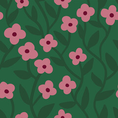 Stylish floral pattern with intertwined pink flowers on green background. Cute  floral print for dresses ,fabric design, wallpaper, wrapping paper