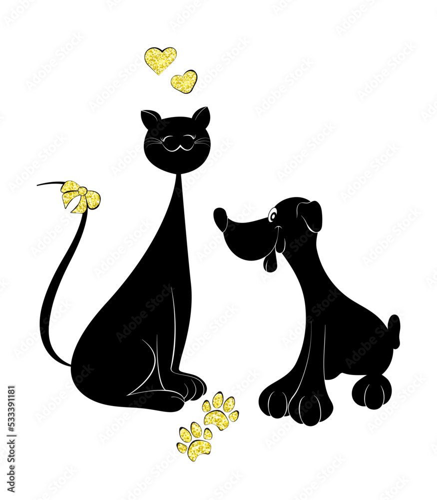 Wall mural Black silhouette of a cartoon caricature cat  and dog with a bow on its tail. Animal print. Paw, footprint and hearts.