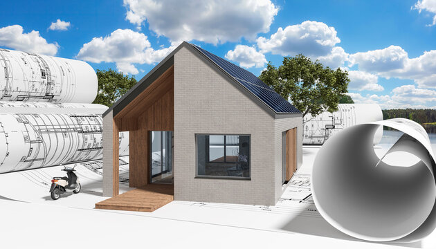 Energieeffiziente Einfamilienhausbauweise mit Klinker-Fassader und Landschaft im Hintergrund