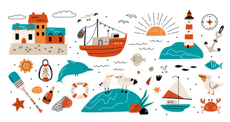Cartoon sea nautical elements. Ocean travel icons. Summer cute resort objects. Beach holidays. Island lighthouse. Sailing ship. Seagulls and pelicans. Water animals. Garish vector set