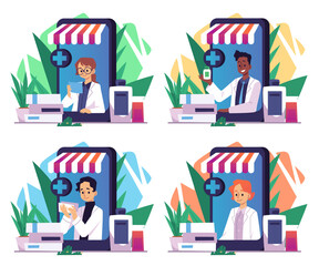 Online pharmacy set flat style, vector illustration