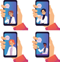 Mobile app with online doctor appointment or drugstore, flat vector illustration isolated on white background.