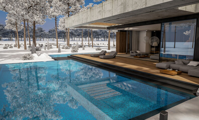 3d rendering of new concrete house in modern style with pool and parking for sale or rent and beautiful landscaping on background. The house has only one floor. Cool winter day with shiny white snow.