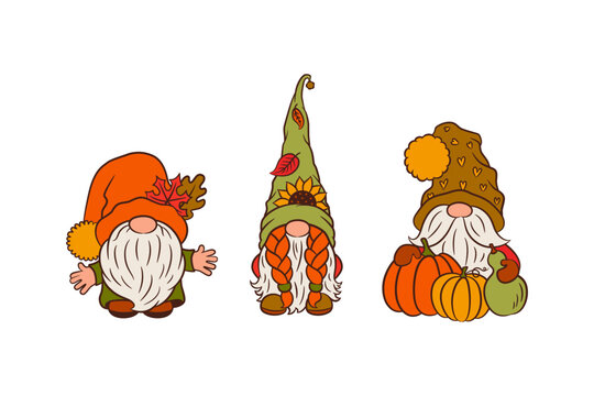 Cute autumn gnomes cartoon fun illustration. Fall scandinavian gnomes adorable nordic characters vector. Fall theme objects like cute pumpkins, dry leaves, sunflower.
