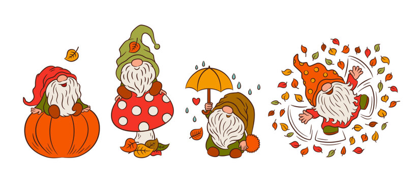 Cute fall gnomes children illustration. Autumn outdoor fun with adorable scandinavian nordic gnomes baby style vector. Fall objects like pumpkin, dry leaves, umbrella, toadstool.