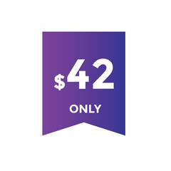 42 dollar price tag. Price $42 USD dollar only Sticker sale promotion Design. shop now button for Business or shopping promotion
