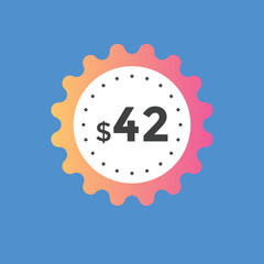42 dollar price tag. Price $42 USD dollar only Sticker sale promotion Design. shop now button for Business or shopping promotion
