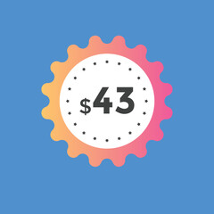 43 dollar price tag. Price $43 USD dollar only Sticker sale promotion Design. shop now button for Business or shopping promotion
