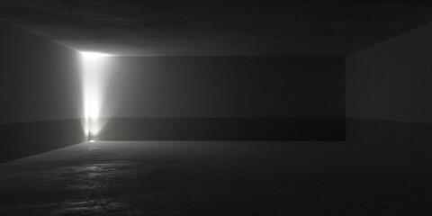 Obraz premium Abstract empty, modern concrete room with single spotlight from the bottom in the corner and rough floor - industrial interior background template