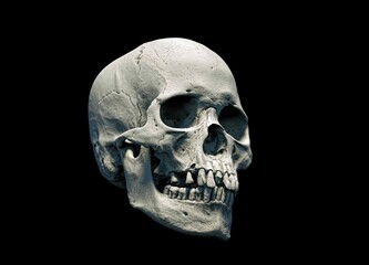 The Anatomical right Human skull in full face on a black isolated background. Concept of death, horror. Spooky Halloween symbol, virus. print, poster. wallpaper. 3d render illustration.