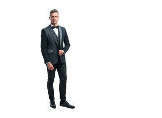 businessman in tuxedo suit with neck bow isolated on white background. full length