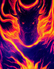Savage Terrible Infernal Furious Satan in Flame 3D Concept Art Illustration. Vertical Portrait of Horrible Blazing Devil in Hell Horror Movie Character. Spooky Hellish Demonic Monster in Rage Artwork