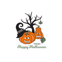 Happy Halloween vector colored icon. Card. Pumpkins and tree.
