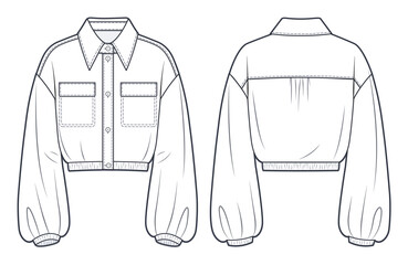 Women's Shirt, Jacket technical fashion Illustration. Crop Shirt fashion flat technical drawing template, button-down, elastic waistband and cuffs, pocket, front, back view, white, unisex CAD mockup. © Liubov Hladka