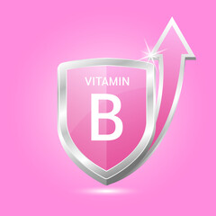 Vitamin B shield with pink atom, an up arrow. Vector illustration 3D. Protect body stay healthy, protection from chemicals entering body. For nutrition products food. Medical scientific concepts. 
