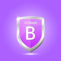 Vitamin B shield with purple atom. Vector illustration 3D. Protect body stay healthy, protection from chemicals entering body. For nutrition products food. Medical scientific concept. Drug business.