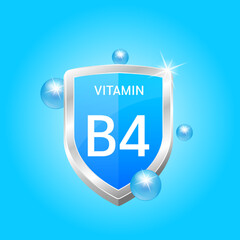 Icon Vitamin B4 shield blue atom circle bubbles surround. Protect body stay healthy. Medical scientific concept. For nutrition product food. Vector illustration 3D. Natural extracts. Drug business