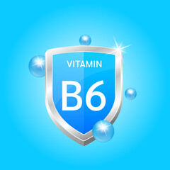 Icon Vitamin B6 shield blue atom circle bubbles surround. Protect body stay healthy. Medical scientific concept. For nutrition product food. Vector illustration 3D. Natural extracts. Drug business