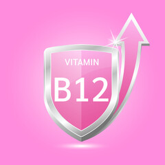 Vitamin B12 shield with pink atom, an up arrow. Vector illustration 3D. Protect body stay healthy, protection from chemicals entering body. For nutrition products food. Medical scientific concepts. 