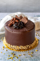 Chocolate cake. Bakery products. Chocolate cake on gray background. close up