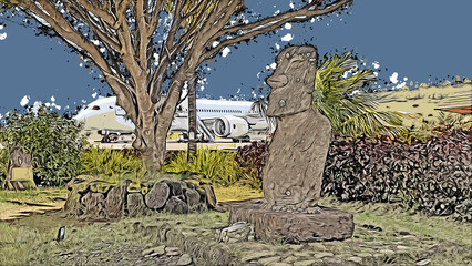 Abstrakte Kunst - Ein einzelner Moai am Flughafen von Hanga Roa auf der Osterinsel Rapa Nui, im Hintergrund ein Flugzeug