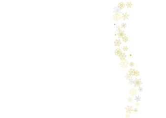 Gold snowflakes frame on white background. New year theme. Horizontal shiny Christmas frame for holiday banner, card, sale, special offer. Falling snow with gold snowflake and glitter for party invite