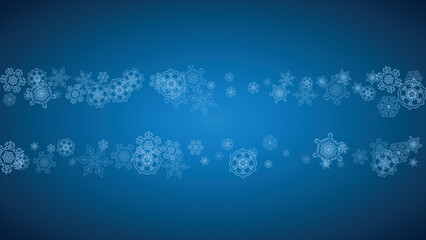 Fototapeta premium New Year snowflakes on blue background with sparkles. Horizontal Christmas and New Year snowflakes falling. For season sales, special offer, banners, cards, party invites, flyer. White frosty snow