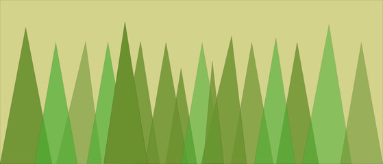 Abstract trees and fir-trees, green background for the cover. Vector geometric triangles, children's drawing.