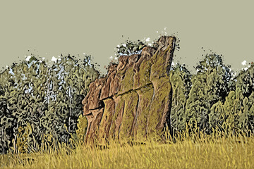 Abstrakte Illustration in grün - die sieben Moais von Ahu Akivi in mitten grüner Vegetation, Bäume und Palmen auf der traumhaften Osterinsel Rapa Nui