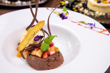 typical pervivan food, fondant, fruit and ice cream