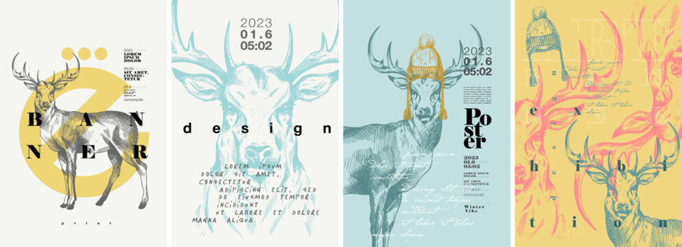 Deer. Scandinavian theme. Set of abstract vector illustrations. Typography and background engraving illustrations . Label, poster, cover, t-shirt print.