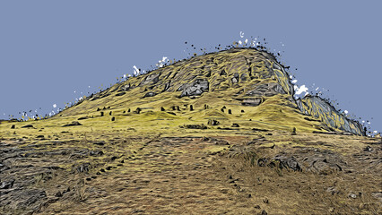 Abstrakte Illustration - die Geburtsstätte der Steinmenschen, den Moais, die grüne Berg von Rano Raraku