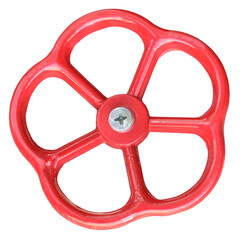 Handwheel for wharf hydrant valve red metal equipment isolated on white background. Liquid wheel handle technology item