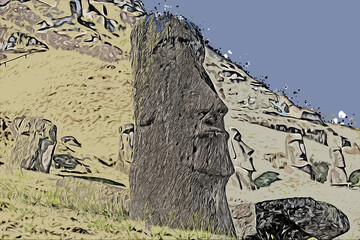 Abstrakte Kunst - der Geburtsort der Moais, due Hügellandschaft von Rano Raraku