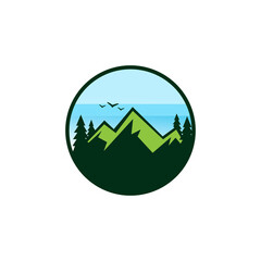Mountain adventure badge, logo or print for t-shirt design. Travel and camping concept. flying birds, and forest on mountain background.