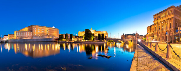 Evening panoramic view of Stockholm famous landmarks, Royal palace, Parliament and Opera house