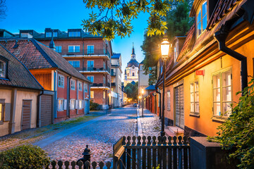 Colorful architecture of Stockholm old city center upper town evening view