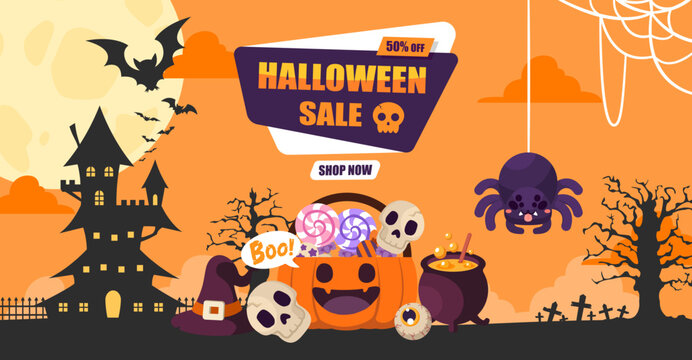 Halloween sale discount decorates a pumpkin, candy, broom, witch hat, and silhouette haunted house. Vector illustration cartoon flat design for banner, poster, and background.