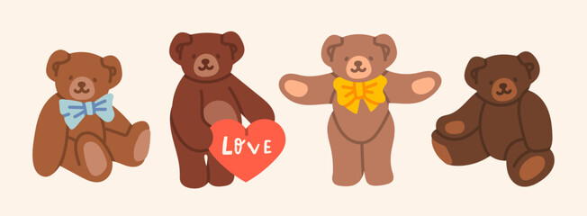 Set of cute Teddy Bears. Various funny characters. Valentines day, love, romance, toy, gift concept. Cartoon style. Hand drawn colorful Vector illustration. Every bear is isolated