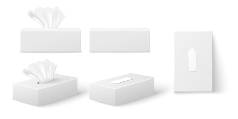 Realistic tissue box mockup set from different angles, 3d vector illustration isolated on white background.