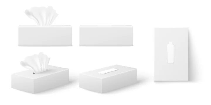 Realistic tissue box mockup set from different angles, 3d vector illustration isolated on white background.