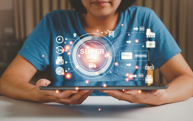  Woman paying and shopping with smartphone application concept. Digital money transfer, banking and e commerce concept.Mobile payment with wallet app technology. online shopping at home concept.