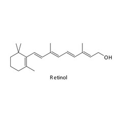 Retinol molecule flat skeletal structure, 1st generation retinoid used in acne, psoriasis Vector illustration on white background.