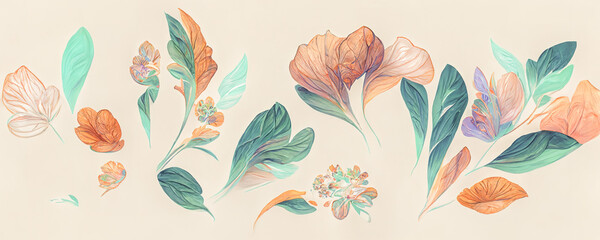 Spectacular pastel template of flower designs with leaves and petals. Natural blossom artwork features with multicolor and shapes. Digital art 3D illustration. Pale and light color. - obrazy, fototapety, plakaty