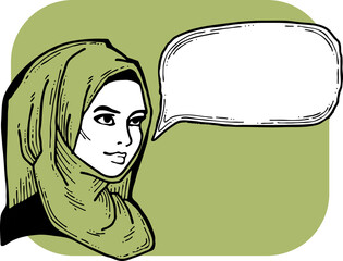 Young Arab woman with beautiful face tell message. Wear traditional fashion niqab head wear. Hand drawn comic cartoon style illustration. Line art drawing.